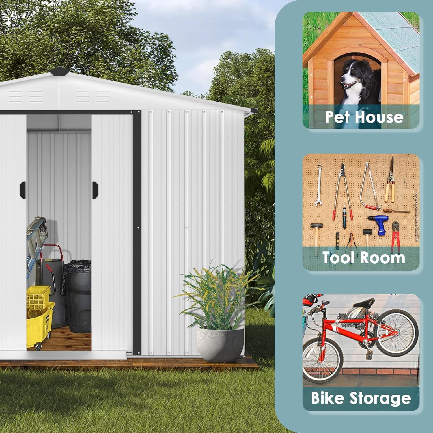 SOLAURA 8'x6' Outdoor Metal Storage Shed Garden Tool Shed with Sliding Door - White