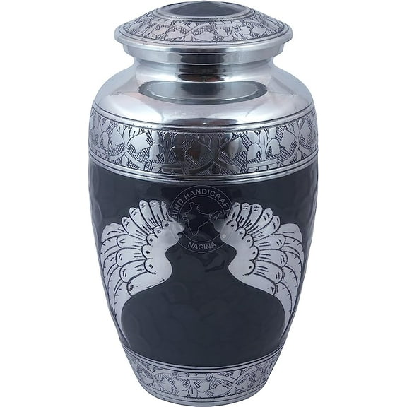 Silver Engraved Cremation Urn for Human Ashes Adult Funeral Urn Handcrafted - Large Burial Urn for Human Ashes - BAG INCLUDED (6.5" x 6.5" x 10.5", Angel Wing-4)