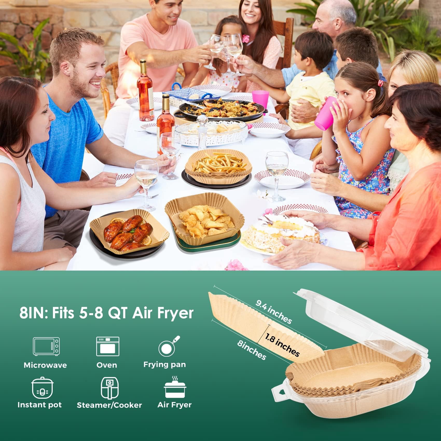 200pcs Non Stick Air Fryer Liners, 8 Inch Square Parchment Paper for 5-8 Quart Airfryer Basket, Unbleached Heat Resistant Baking Sheets for Oven Cooking, Brown