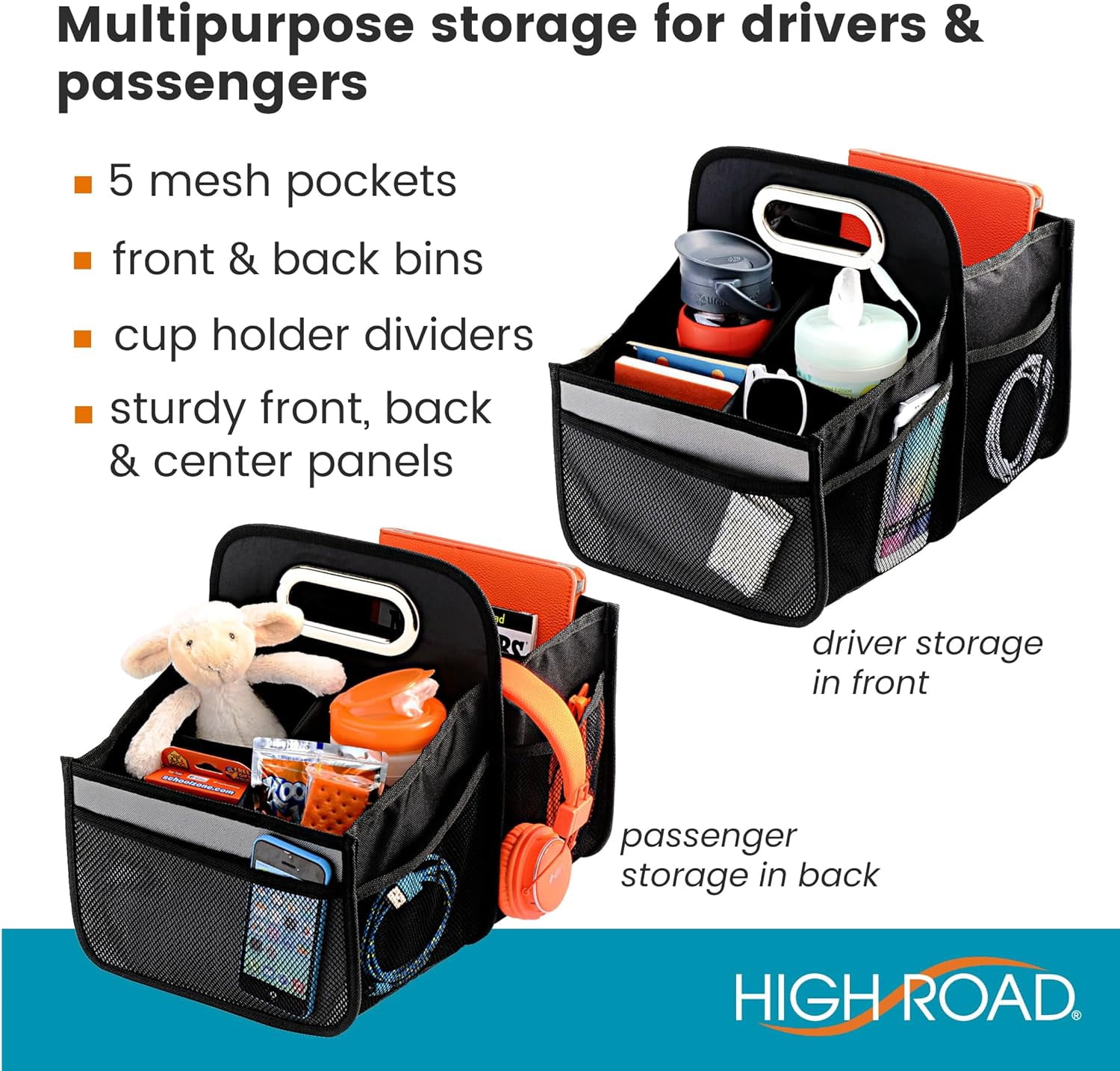High Road Car Seat Organizer - Front Seat Organizer or Backseat Organizer With Cup Holder Dividers and Easy Carry Handle - Black