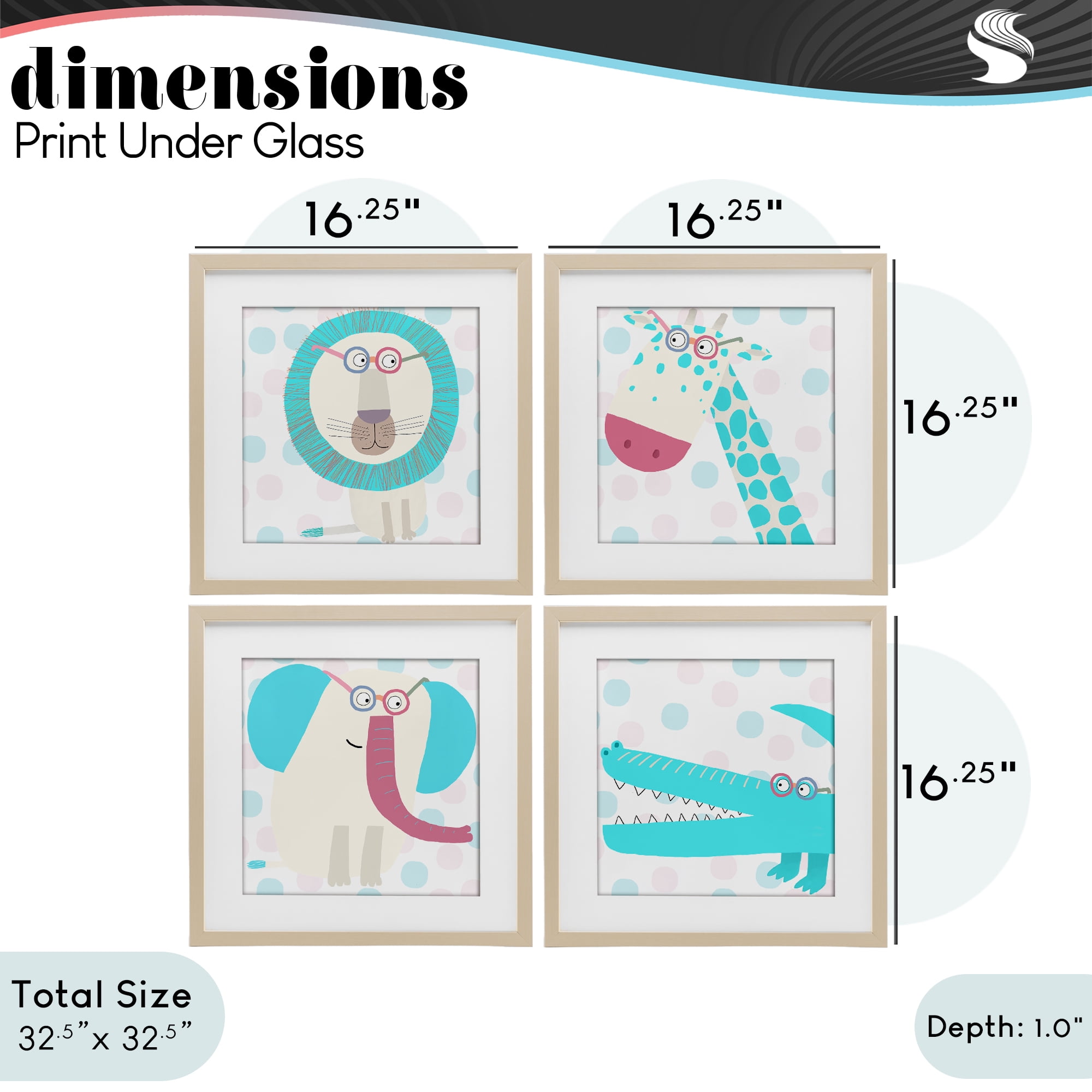 Stupell Industries Electric Blue Wild Animals 4 Piece Birch Framed Print Under Glass Set, design by Carla Daly