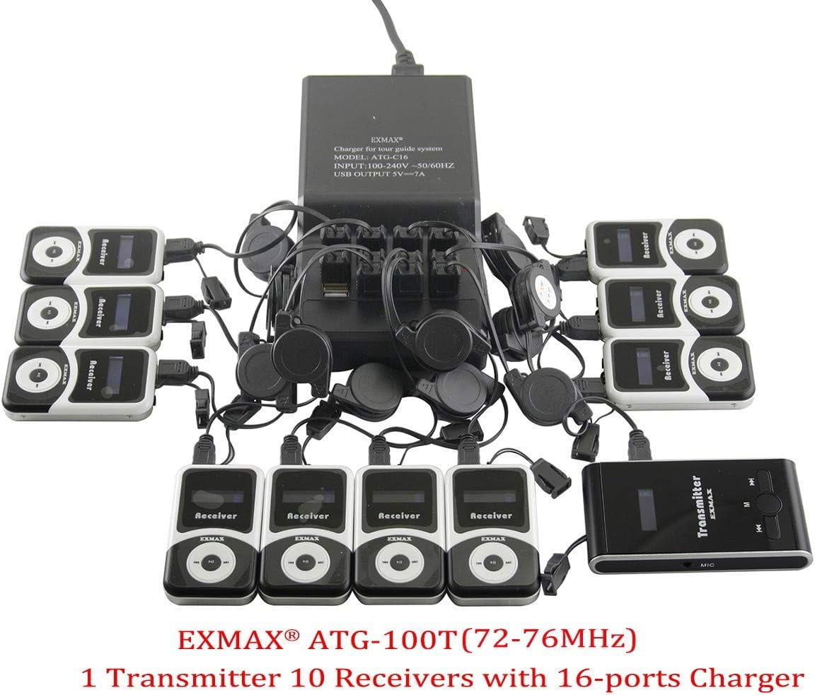 EXMAX® EX-100 Wireless Tour Guide System Microphone Earphone Headset for Church Translation Walking Museum Tour Courtroom Assitive Listening (1 Transmitter 15 Receivers 16-Ports USB Charger Base)