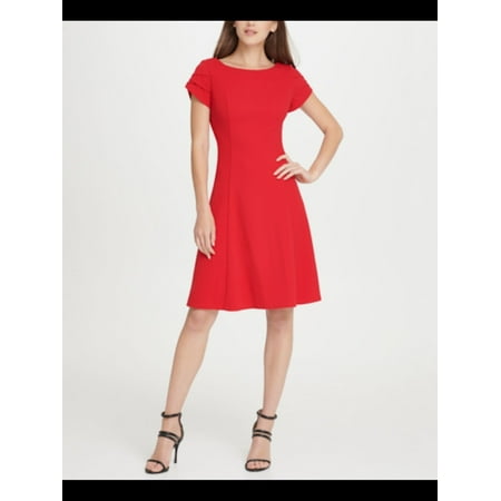 DKNY Womens Red Short Sleeve Jewel Neck Knee Length Fit + Flare Dress Size: 16