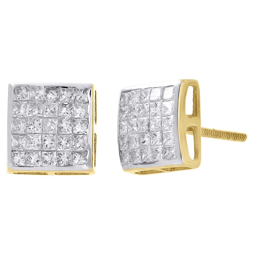 14K Yellow Gold Princess Cut Diamond 8.5mm Domed Square Stud Earrings 1