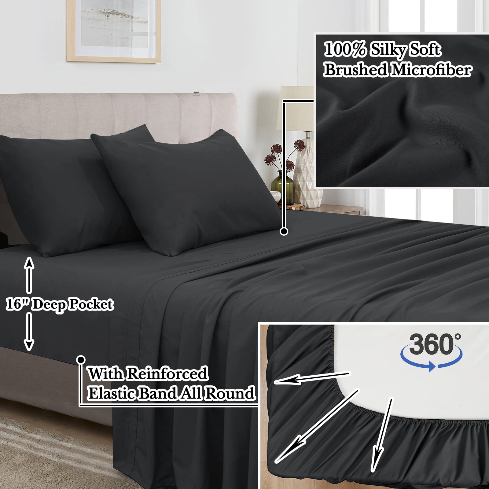 PHF 7 Pieces Printed Queen Comforter Set, Lightweight Reversible Botanical Bedding Set Include Comforter, Pillow Shams, Flat Sheet, Fitted Sheet and Pillowcases, Black