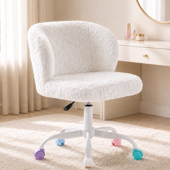 SESSLIFE Vanity Chair with Back, Faux Fur White Desk Chair with Colorful Wheels, Height Adjustable 360° Swivel Office Chair with White Base, for Bedroom