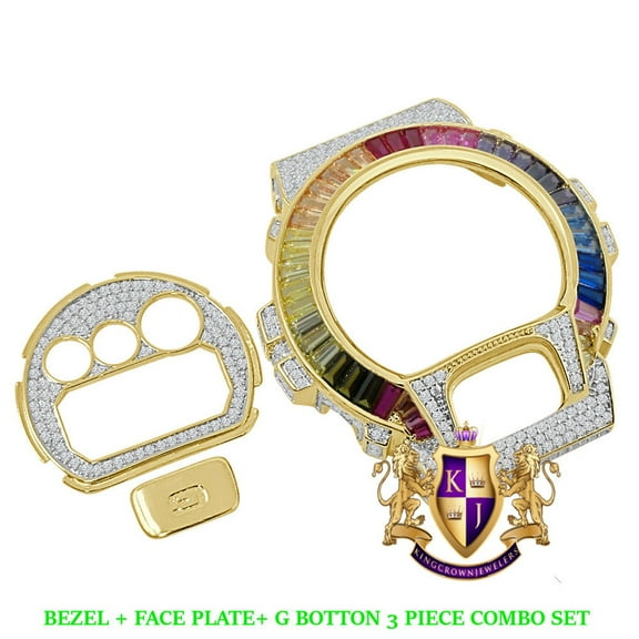 Baguette Rainbow Multi Yellow Gold Tone G Shock DW-6900 Simulated Diamond Watch Custom Cover Case Face Plate Bezel G Button 3 Piece Set