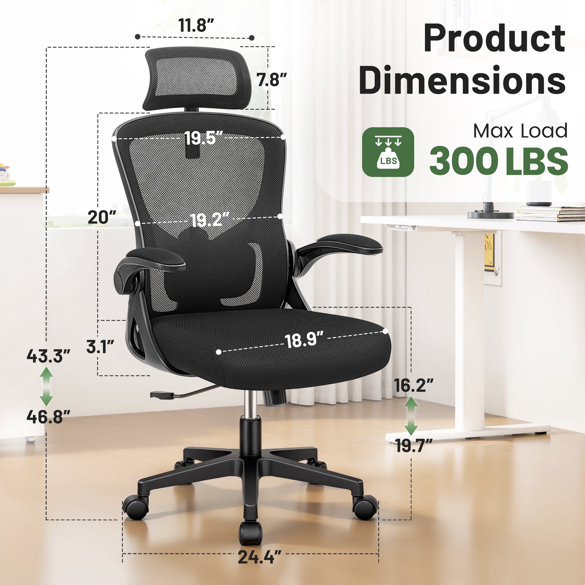 ATHOPE Office Chair, Ergonomic Desk Chairs 300LBS Capacity High Back Mesh Computer Chair with Flip-up Armrests, Comfy Work Chair with Adjustable Lumbar Support Headrest for Home Office, Black