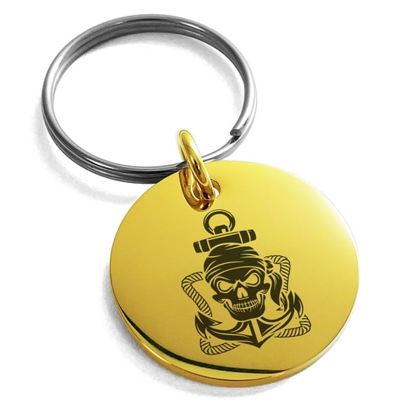 Stainless Steel Jolly Roger Pirate Skull Rope & Anchor Engraved Small Medallion Circle Charm Keychain Keyring