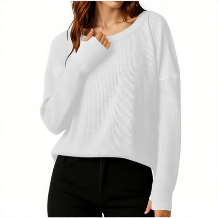 RYRJJ Womens Casual Crewneck Sweatshirt Waffle Knit Long Sleeve Shirts Solid Loose Fit Fall Pullover Tops with Thumb Hole(White S)