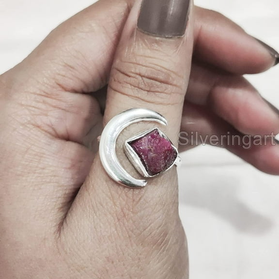 Natural Ruby Ring, Rough Ruby Ring, July Birthstone, Crescent Moon Adjustable Ring, 925 Sterling Silver, Womens Ring, Christmas, Thanksgiving, Handmade, Statement Jewelry, Raw Gemstone Jewelry