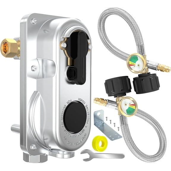 2-Stage Automatic Changeover LP Propane Gas Regulator with Two 15" RV Pigtail Propane Hoses with Gauge, QCC1 x 1/4" Inverted Male Flare, Propane LP Gas Regulator for RV Camper Trailer