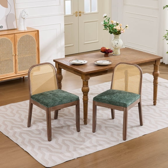 Gearwell Cane Back Dining Chairs, Set of 2 Green Armless Side Chairs with Curved Arched Back, Distressed Solid Wood Frame, Chenille Cushions for Kitchen Dining Room