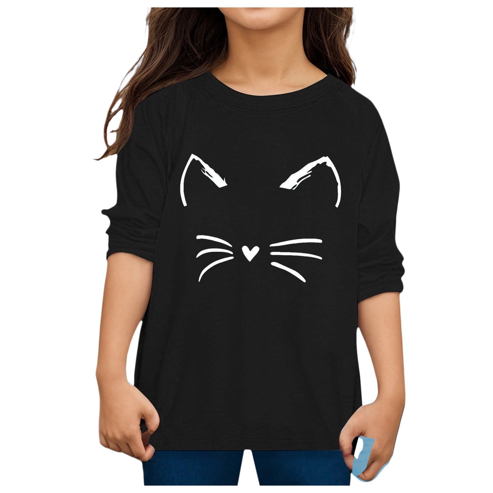 T-shirt Manches Longues Enfant - Motif Chat, Coton Doux, Coupe Confortable Pour Garçons Et Filles - 6