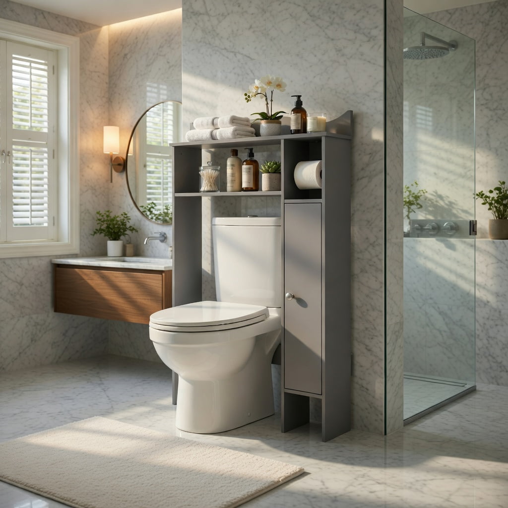 Hommoo Over the Toilet Storage Cabinet with Built-in Toilet Paper Holder Engineered Wood Bathroom Organizer, Gray