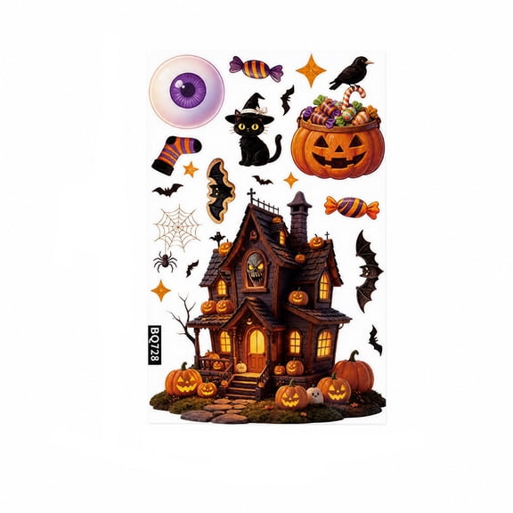 Halloween Window Clings, Reusable Static Stickers with Pumpkin House Ghost Bat, Waterproof Decor for Glass Door Mirror Home Party Classroom, Easy Apply Remove