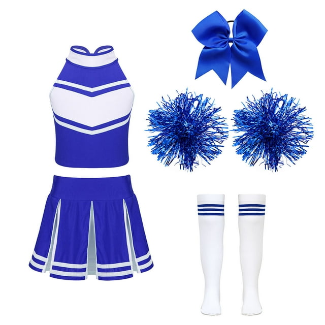 Fldy Uniforme de Cheerleader pour Filles du Secondaire Tenue de Cheerleading Assortie Pompons et Chaussettes B Bleu 16