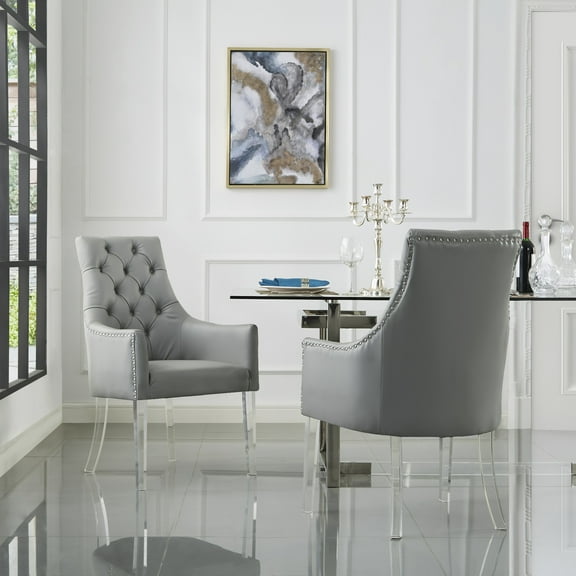 Inspired Home Gideon PU Leather Dining Chairs Acrylic Leg Swoop Arm (Set of 2), Gray