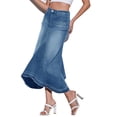 thumbnail image 6 of High Waist Blue Washed Women A Line Irregular Hem Long Denim Skirt, 6 of 8