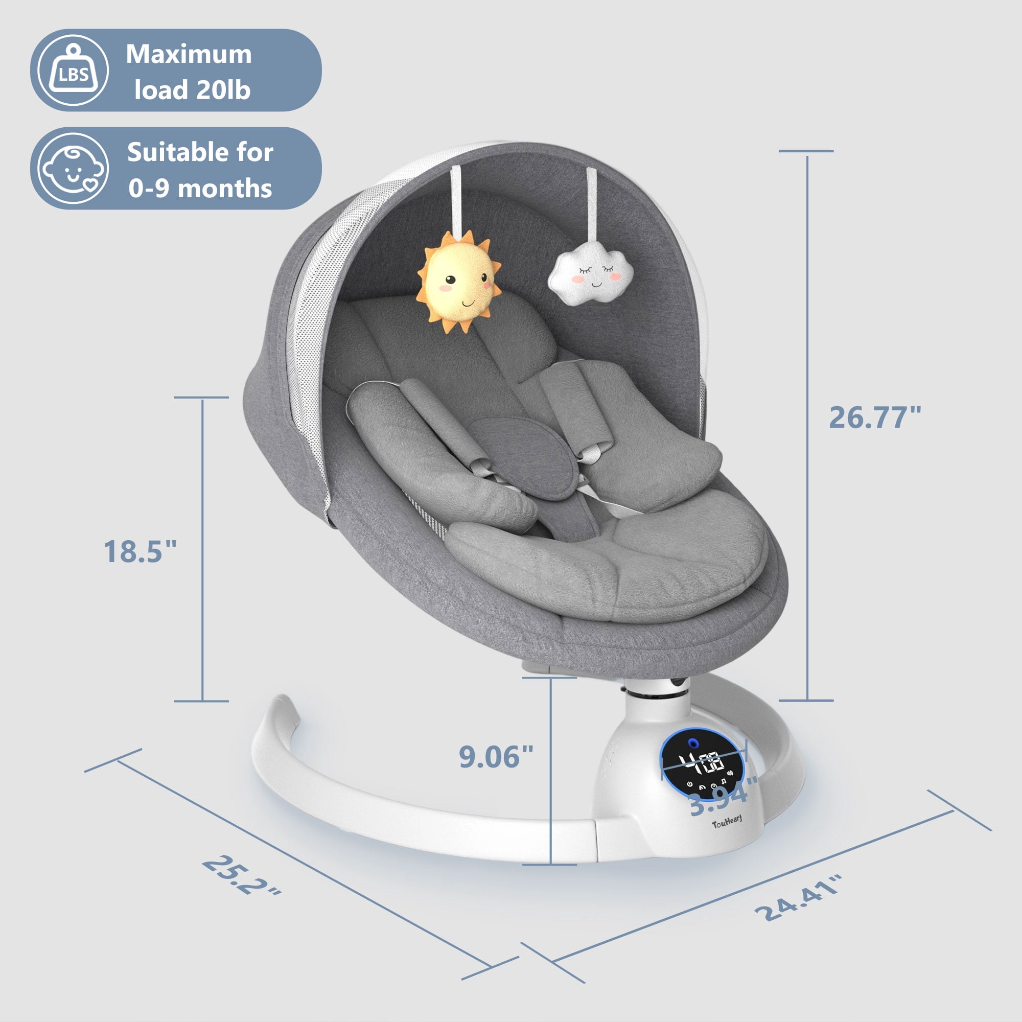TouHeart Baby Swing, Electric Infant Rocker with Bluetooth & Remote, 5 Speeds, 10 Lullabies,Gray