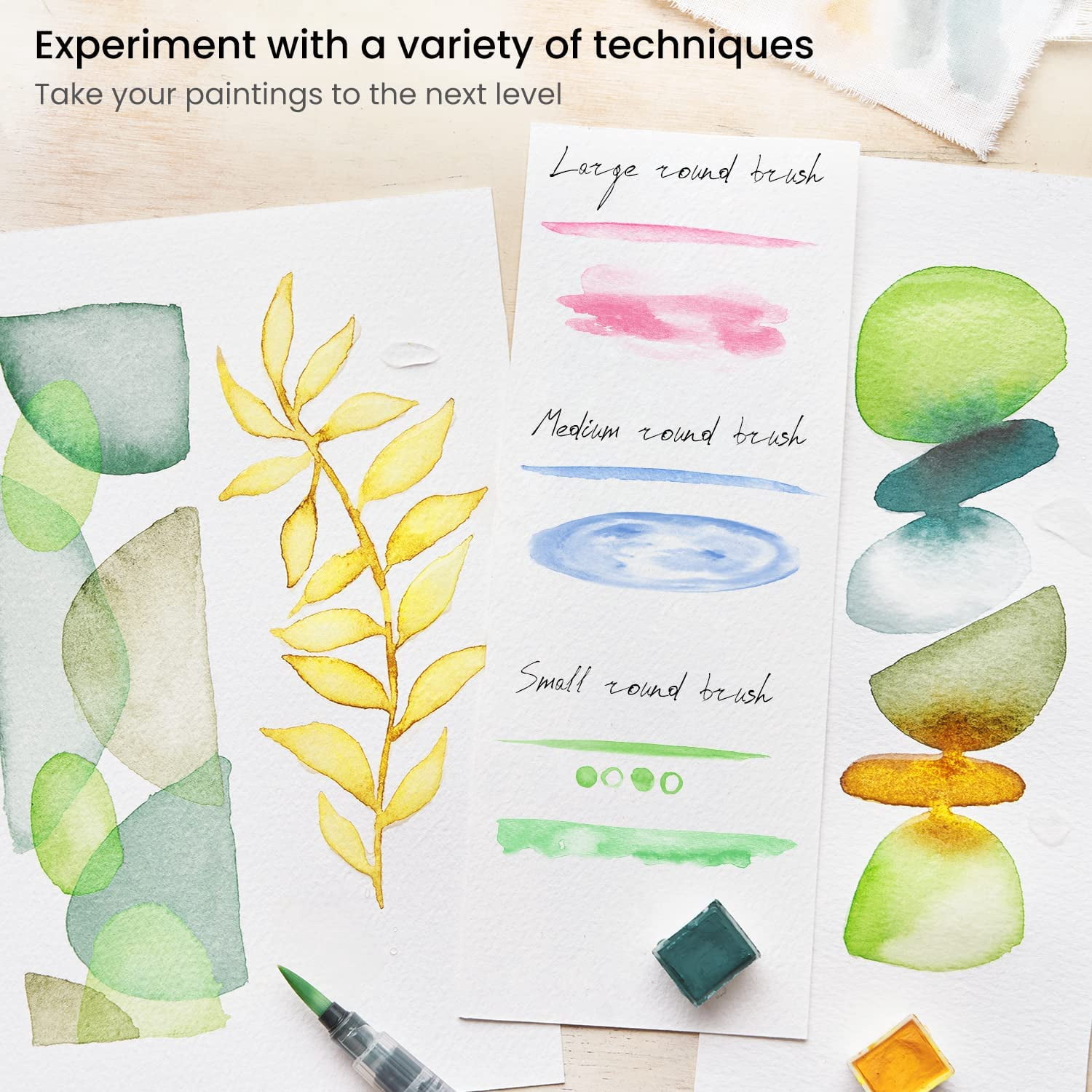 JJEAN-Water Brush Pen, Set of 4, Assorted Soft Nylon Bristle Tips, Self-Moistening Water Brush, Refillable Water Pen