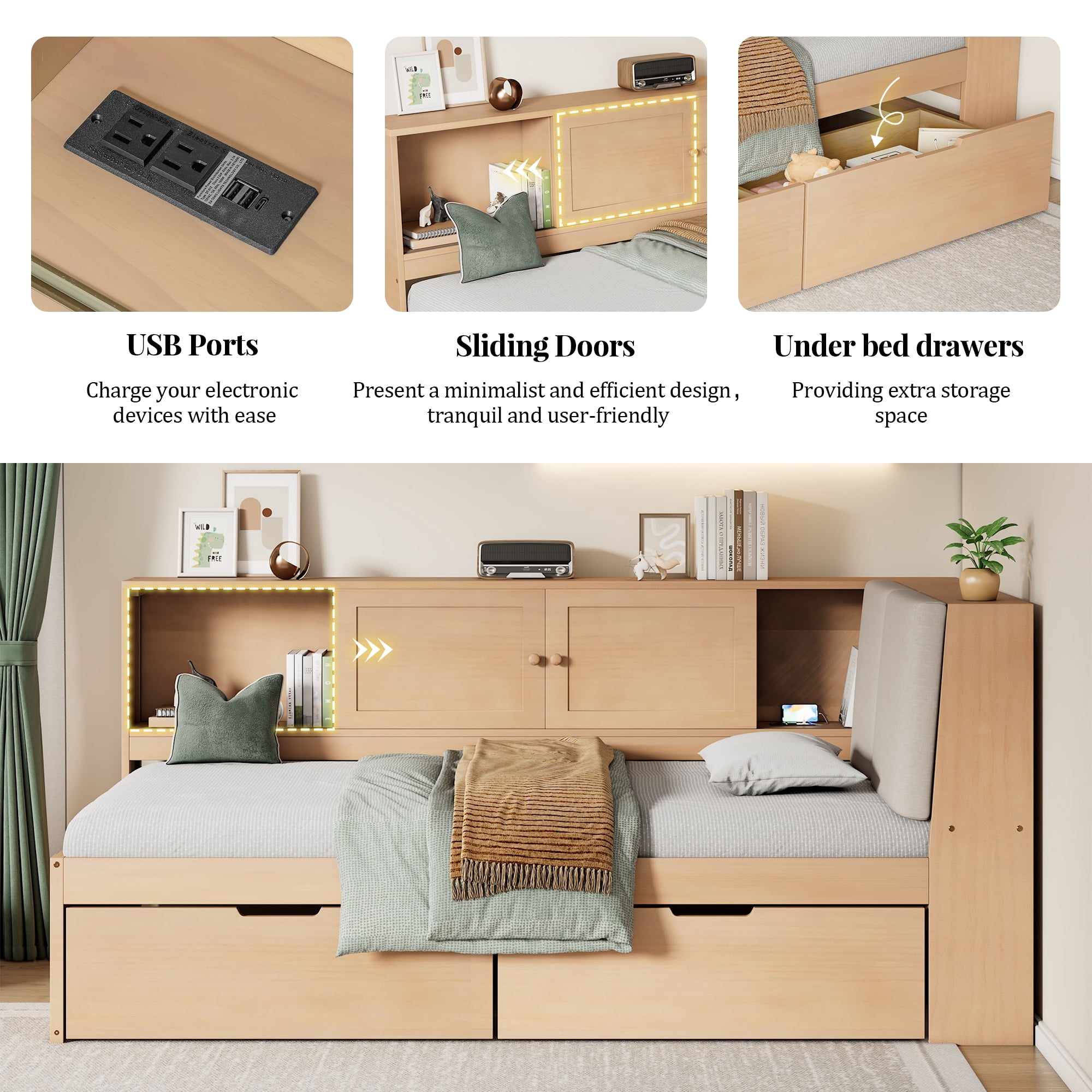 Mintazer Twin Size L-Shaped Corner Bed with Storage Drawers & Bookcase, Daybed with Upholstered Headboard & Charge Station for Home Bedroom Guest Room, Natural