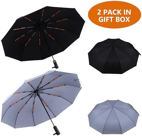 46 Inch Compact Umbrellas for Rain - Travel Small Umbrella - Automatic Folding Umbrella - Windproof Portable Umbrella, Double 10-rib (2 pack)black+grey
