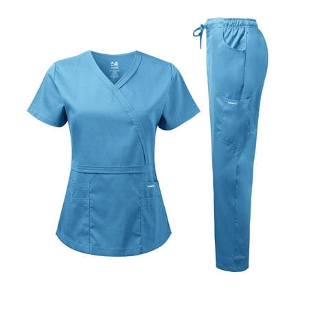 

Dagacci Medical Uniform Women s Scrub Set Natural Stretch Y-Neck Stitch Tape Top and Pants (Ceilblue XX-Large)