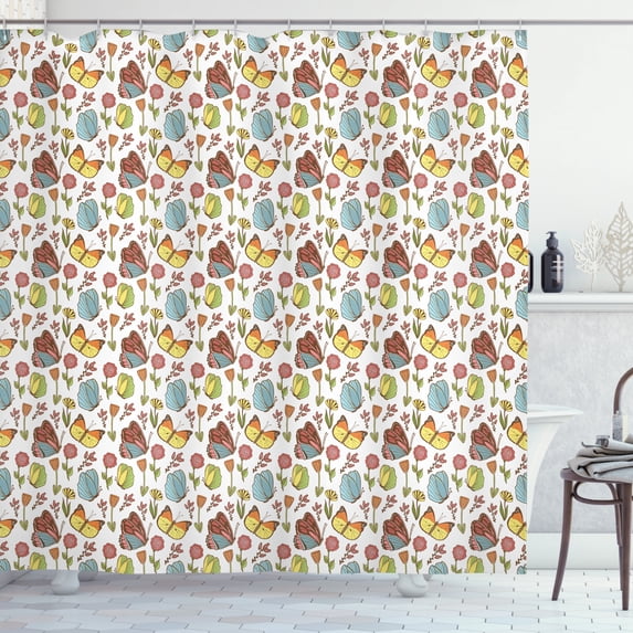 Floral Shower Curtain, Flappy Butterflies Flying Among Hand Drawn Rose Hip Plants and Bloomed Peony Flowers, Fabric Bathroom Set with Hooks, 69W X 75L Inches Long, Multicolor, by Ambesonne