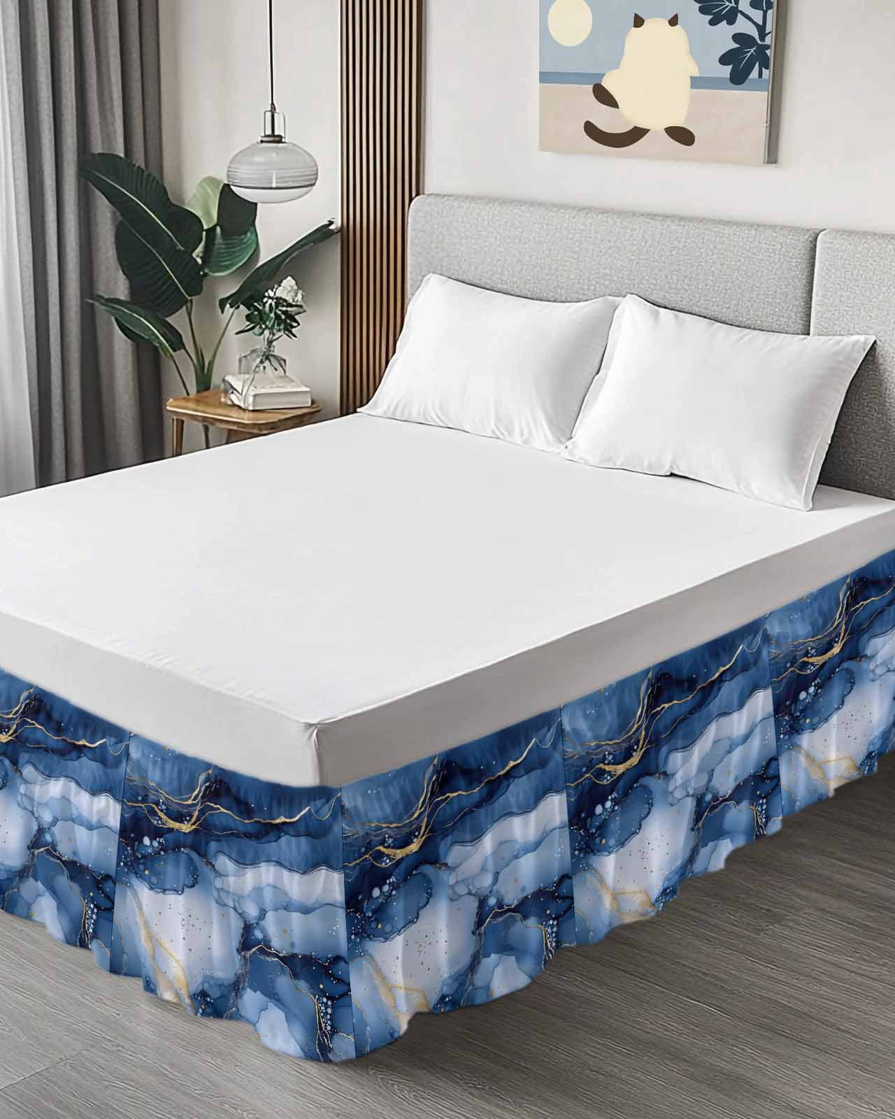 Marble Blue Wrap Around Bed Skirts for Queen Bed 16" Drop,Bed Skirt with Adjustable Elastic Belt Dust Ruffle Bed Valance for Bedroom Hotel Modern Gradient Gold Waves Nature Cracked Bed Frame Cover