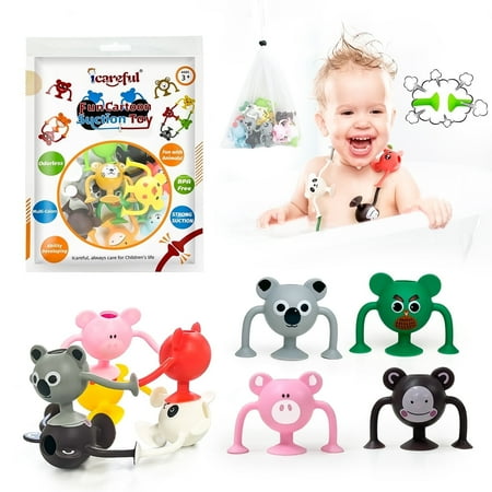 Suction Cup Toy, 12 Icareful Silicone Suction Cup Toys in Animal Shape and Color, Over 13 Years Old，with a Mesh Storage Bag