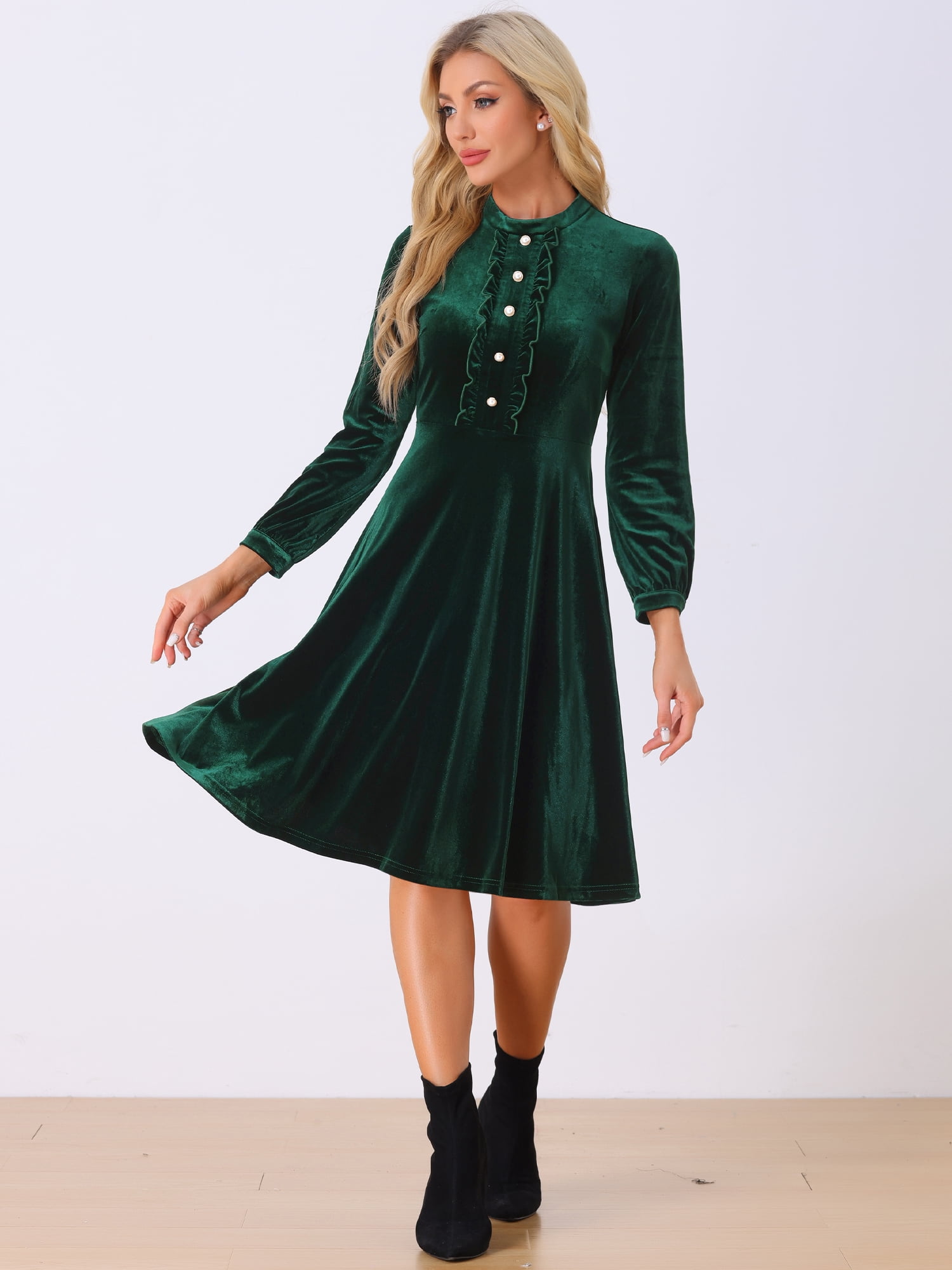 DARING DIVA Button Front Ruffle Vintage Flared Dress S Dark Green