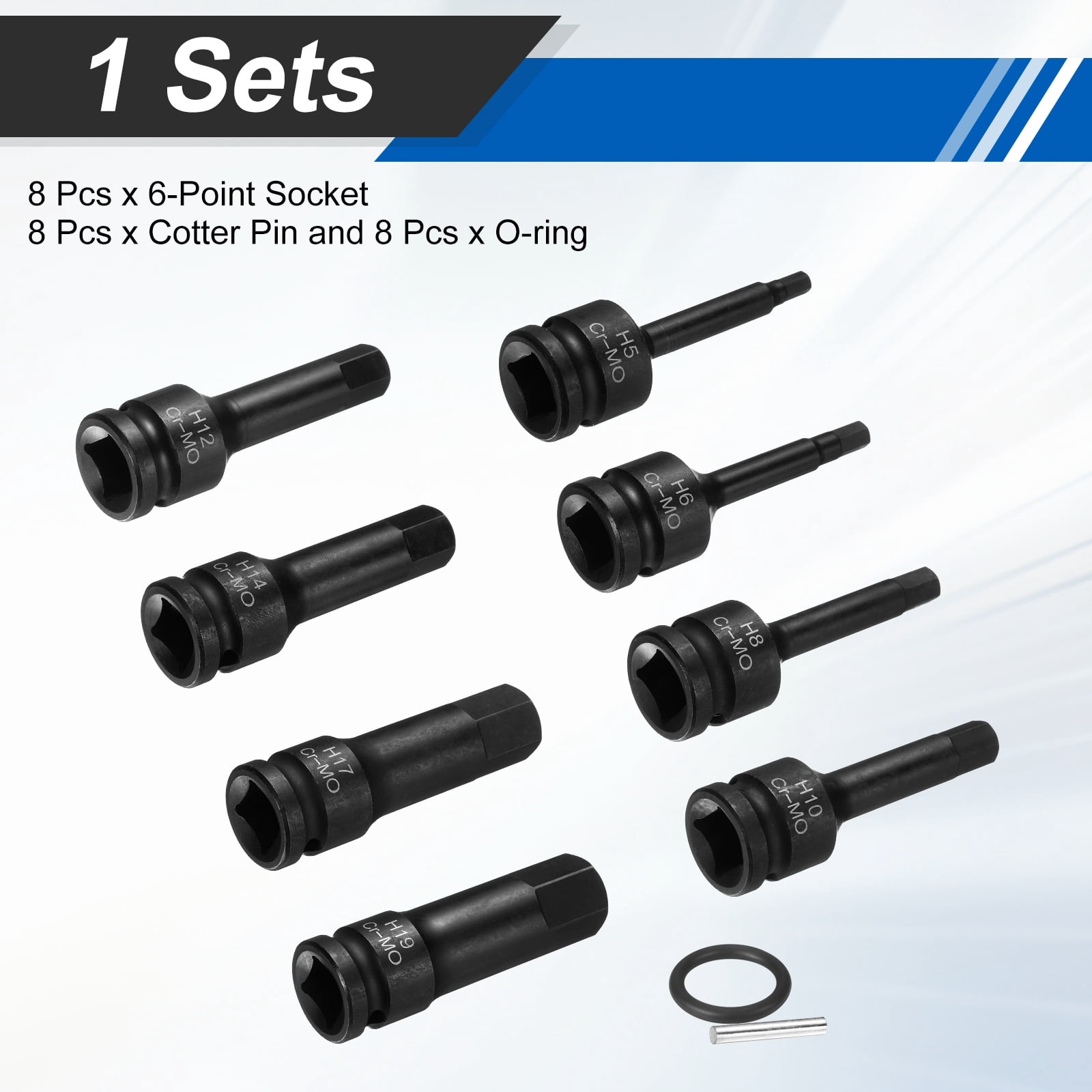 Uxcell 8pcs 1/2" Drive Impact Hex Bit Socket Set 5-19mm Metric CR-MO Steel 6-Point Sockets with Cotter Pin for Power Drill Drivers Adapter
