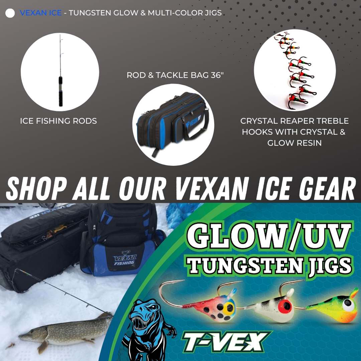 Vexan 6-Pack Tungsten Ice Fishing Jigs Glow Black & White Wonderbread (2g, 6mm, #10 Hook)