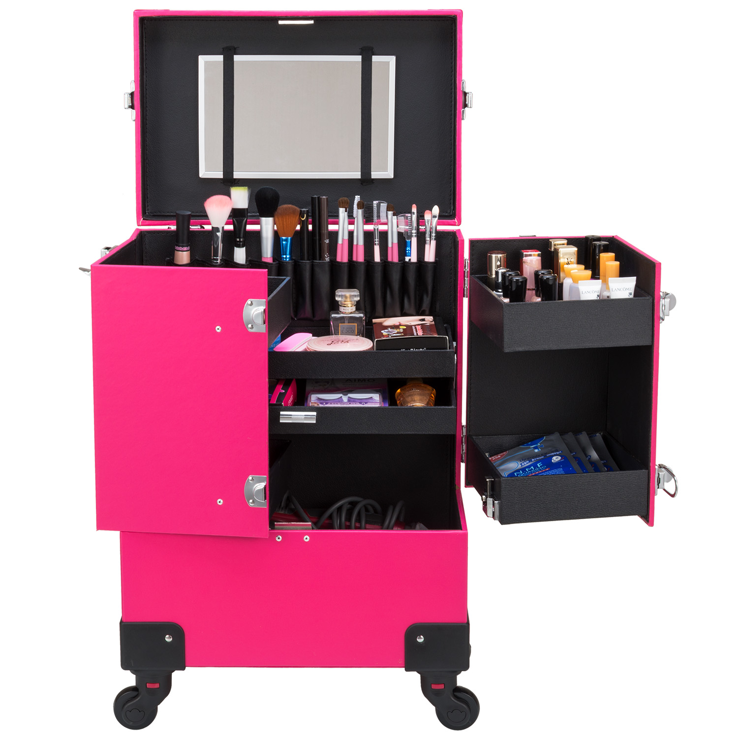 Ollieroo Rolling Wheels Makeup Train Case Lockable PU Artist Makeup Cosmetic Train Case,Rose-Pink - image 5 of 9
