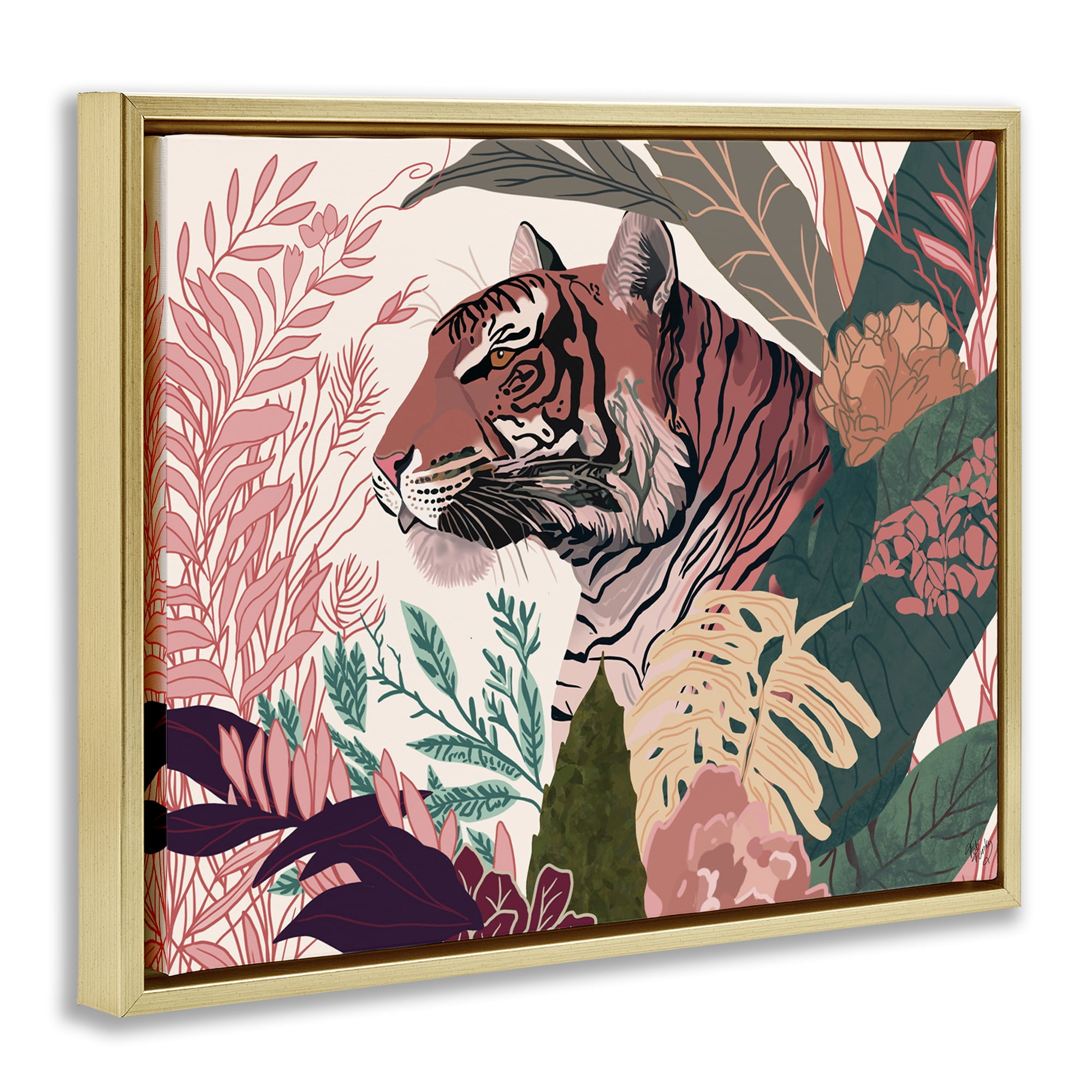 Stupell Industries Tiger Peeking from Leaves Animals & Insects Painting Gold Floater Framed Canvas Art Print Wall Art, 21 x 17