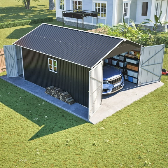 12x20 Ft Outdoor Storage Shed with Window, Metal Garden Tool Shed with Lockable Doors, Ideal for Backyard Garden Patio Lawn, Grey