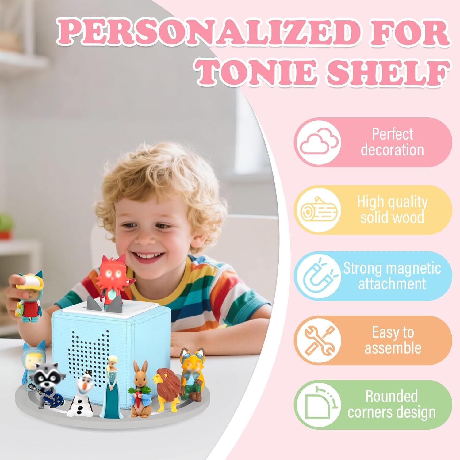 360° Round Turntable for Tonies Box Organizer Storage Shelf Wall Mounted, Magnetic Floating Shelves for Toniebox Generation 1 & 2 Player Tonies Figures, Display Collection 10~20 Characters (Gray)
