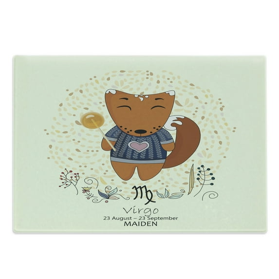 Zodiac Virgo Cutting Board, Funny Happy Cartoon Character on a Floral Background Horoscope Design, Decorative Tempered Glass Cutting and Serving Board, Large Size, Multicolor, by Ambesonne