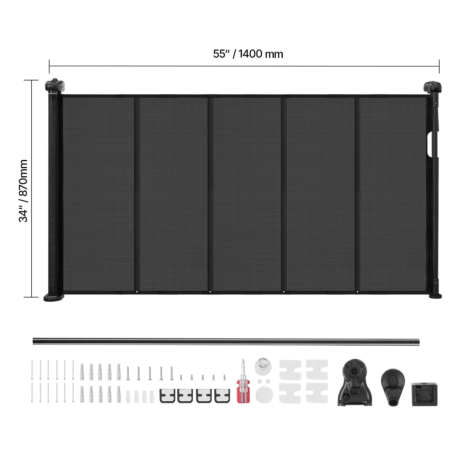 KFFKFF Retractable Baby Gate, 34 inches High, Expands up to 55 inches Wide, Mesh Barrier for Children or Pets, Simple Installation for Stairs, Doorways, Hallways, and Play Areas, Black