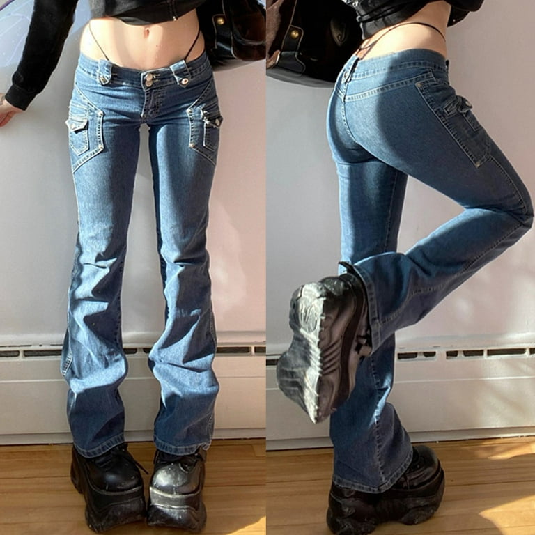 Lady Low Rise Flare Cargo Jeans Goth Flap Pocket Retro Bell Bottom Denim  Pants