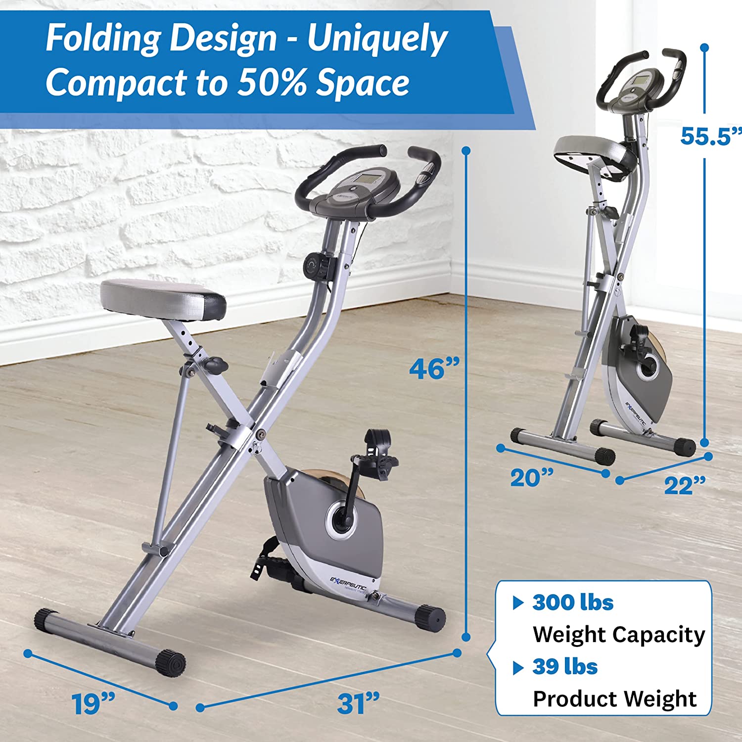 Exerpeutic Exercise Bike, Foldable Magnetic Upright with Heart Pulse Sensors and LCD Monitor, Cardio Fitness, 300lbs Weight Capacity - image 5 of 9