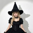 thumbnail image 4 of Hsqqdc Women Velvet Ruffled Pointer Hat Ribbon Bow Dark Fantasy Masquerade Festival Headwear, 4 of 7