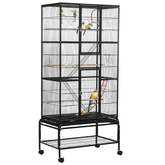 PawHut Cage à Oiseaux de 71 Pouces avec Roues, Perchoirs, Rampe, Tablette de Rangement, Jouets, Noir