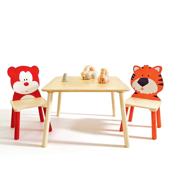 Innovation Works 3Pcs Kids Table and Chair Set,Toddler Wooden Activity Table with Bear & Tiger Design Chairs for Study,Drawing,Playing,Reading