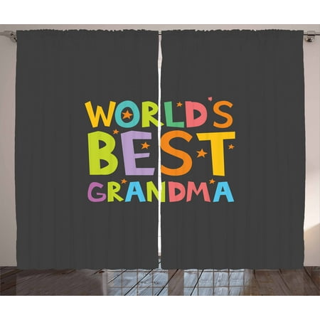 Grandma Curtains 2 Panels Set, Best Grandmother Quote with Colorful Letters Doodle Stars on Greyscale Background, Window Drapes for Living Room Bedroom, 108W X 96L Inches, Multicolor, by
