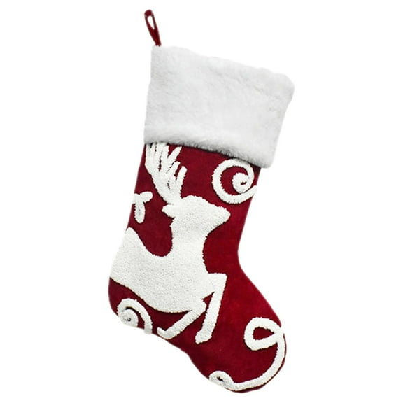 HCTSHG Christmas Stocking, 18 Inch Red Christmas Stockings Embroidered Elk Snowflakes Sleigh White Plush Faux Fur Cuff Large Xmas Hanging Stockings for Family Holiday Party Decoration