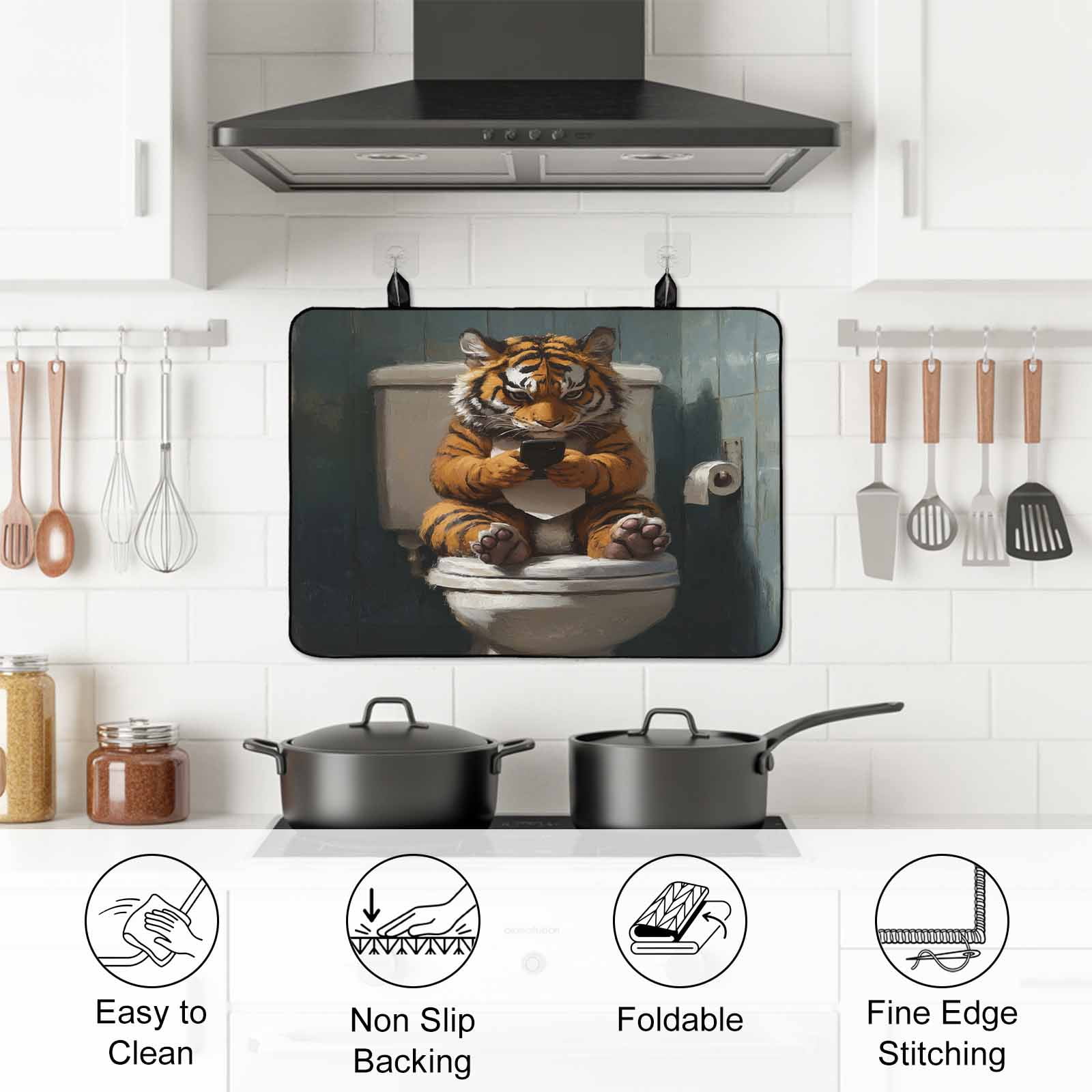 Bathroom Tiger Stove Top Cover for Electric Stove, Heat-proof & Non Slip Glass Top Stove Cover Protector, Toilet Animals Vintage Kitchen Flat Cooktop Rubber Mat 24x21 Inches