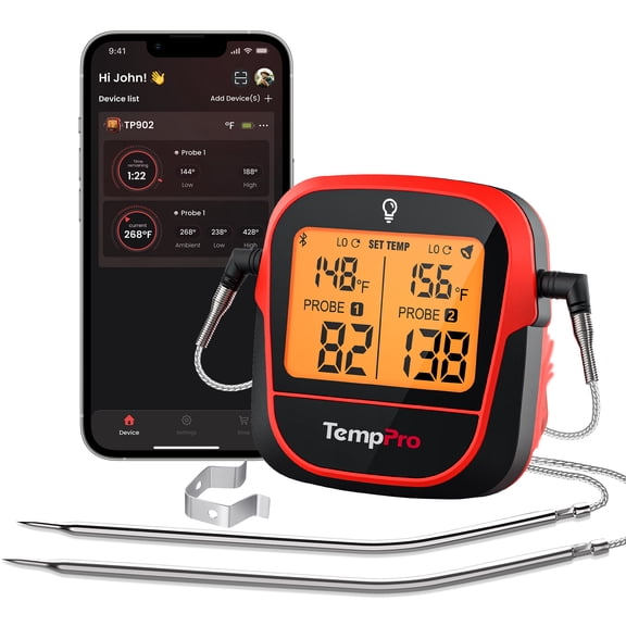 TempPro TP902W 350FT Wireless Meat Thermometer Digital with Dual Probe, Smart Bluetooth Meat Thermometer for Cooking Grilling and Smoking (Formerly ThermoPro)