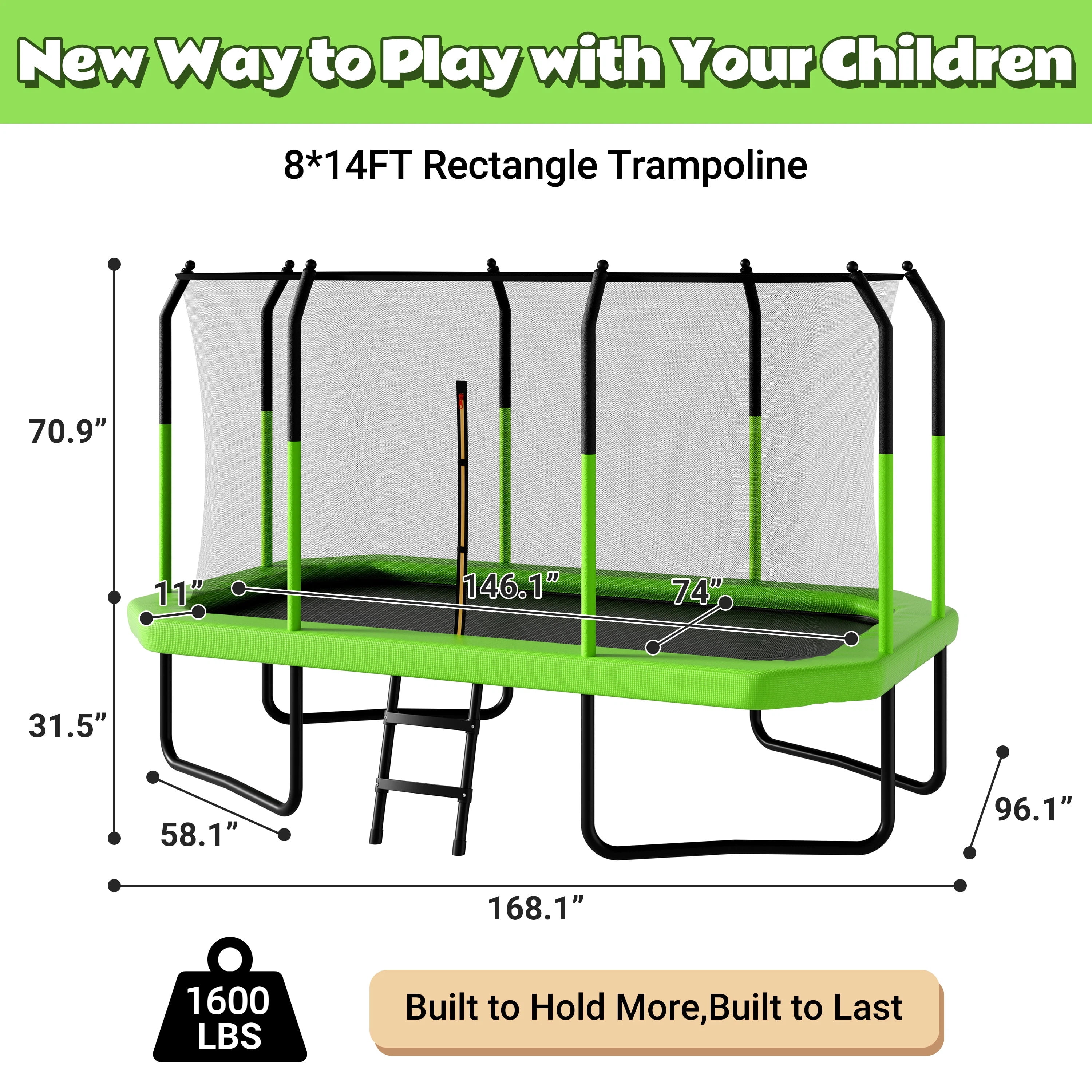 EUROCO 8X14FT Large Rectangle Outdoor Trampoline with Weather-Resistant Enclosure Net and Ladder, Maximum Load Capacity Backyard Jump Pad for Family